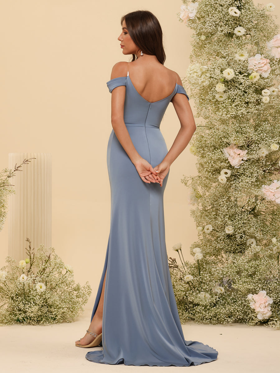 Sheath/Column Off-the-Shoulder Long Formal Dresses with Split Side - Image 8