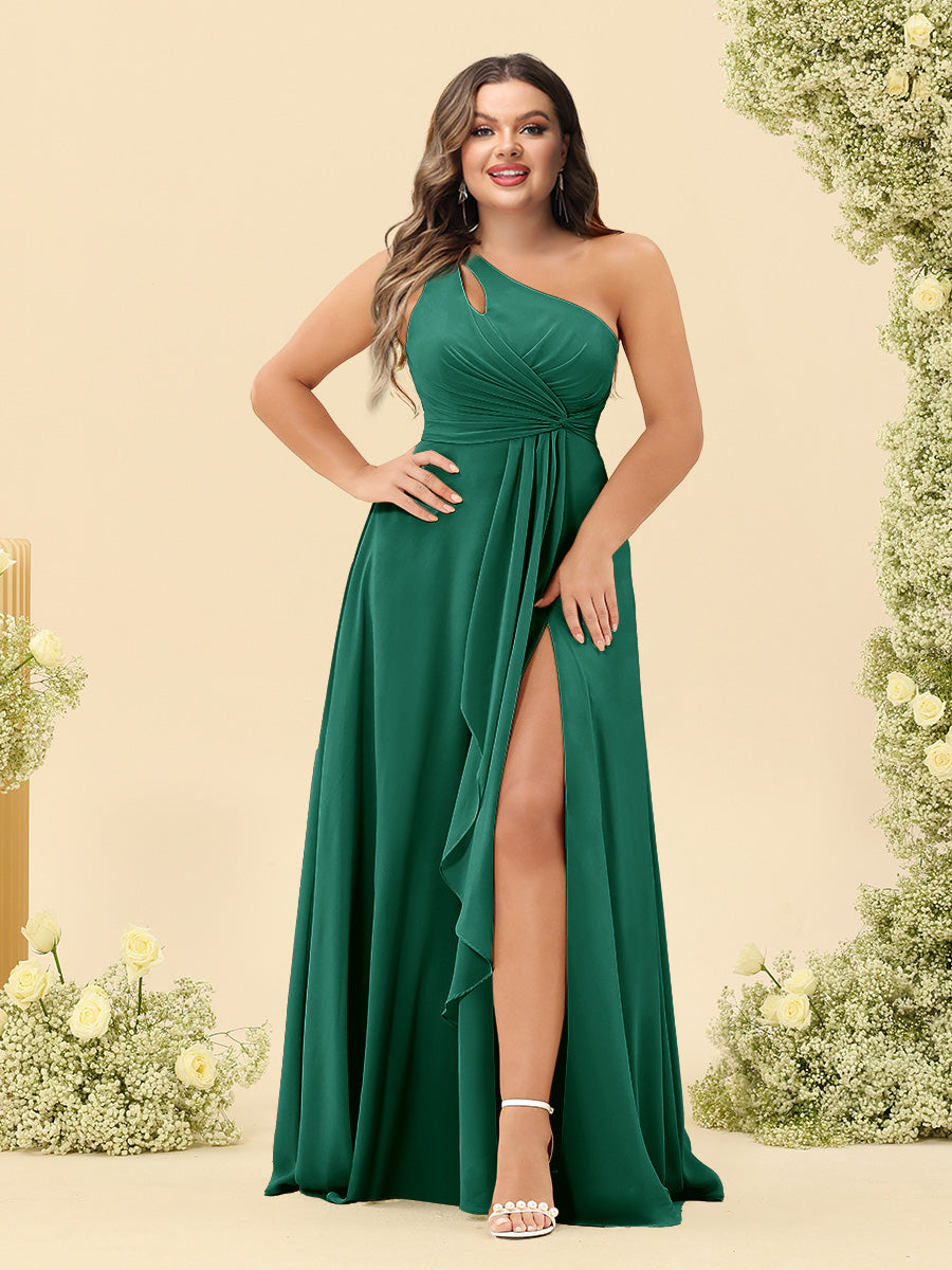 A-Line/Princess One-Shoulder Long Bridesmaid Plus Size Dresses with Split Side - 画像 (12)