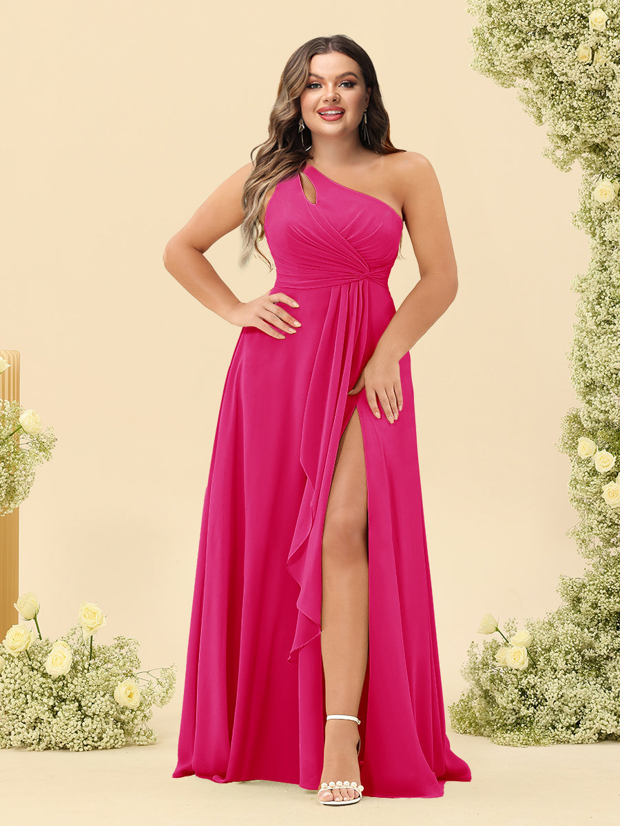 A-Line/Princess One-Shoulder Long Bridesmaid Plus Size Dresses with Split Side - 画像 (22)