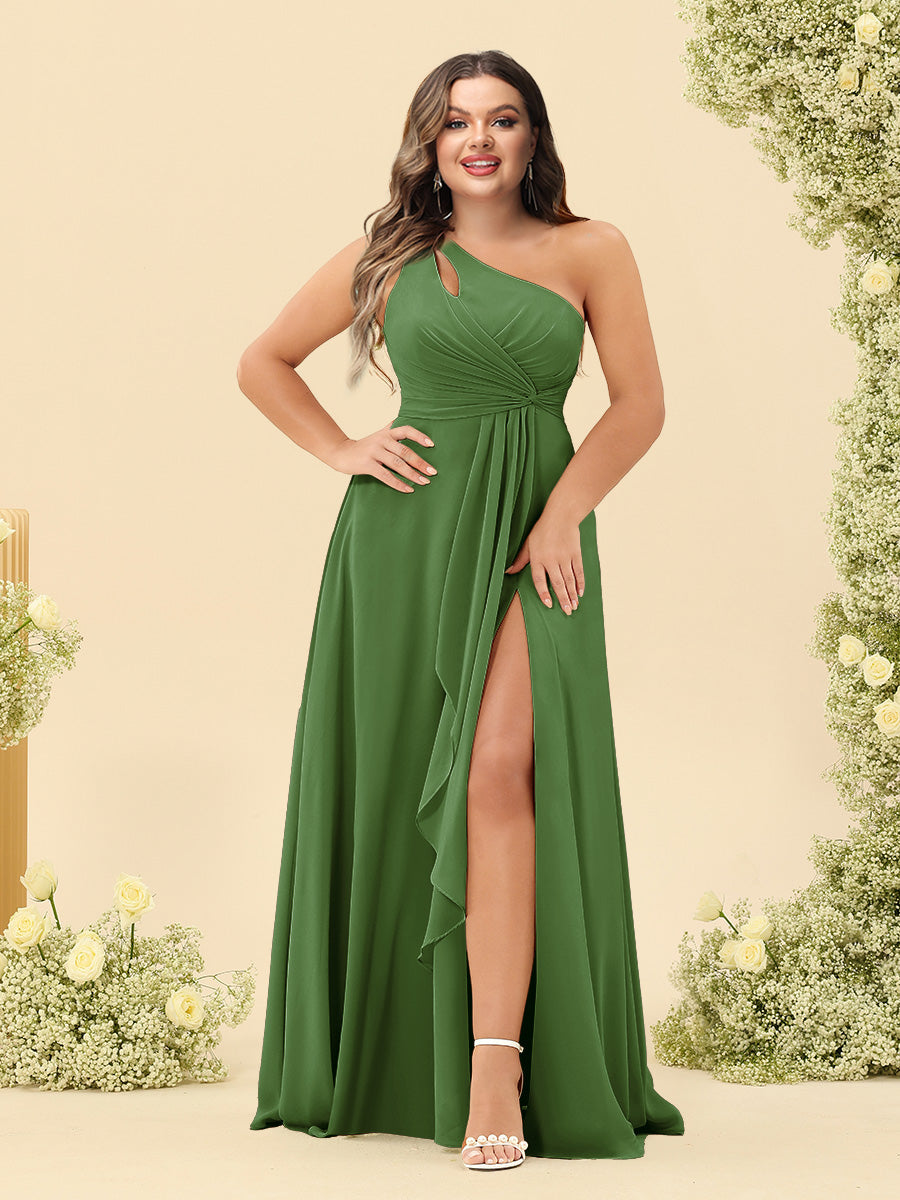 A-Line/Princess One-Shoulder Long Bridesmaid Plus Size Dresses with Split Side - 画像 (46)