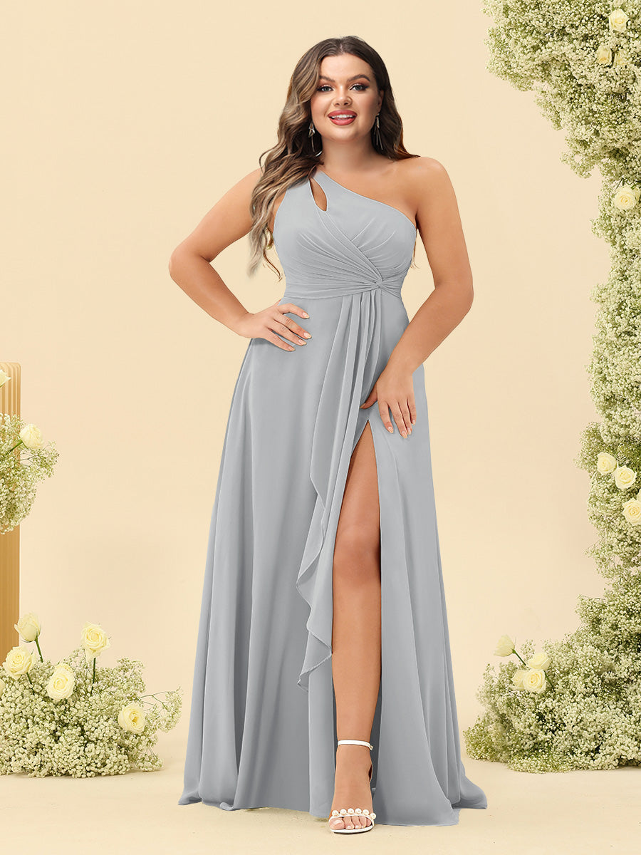 A-Line/Princess One-Shoulder Long Bridesmaid Plus Size Dresses with Split Side - 画像 (59)