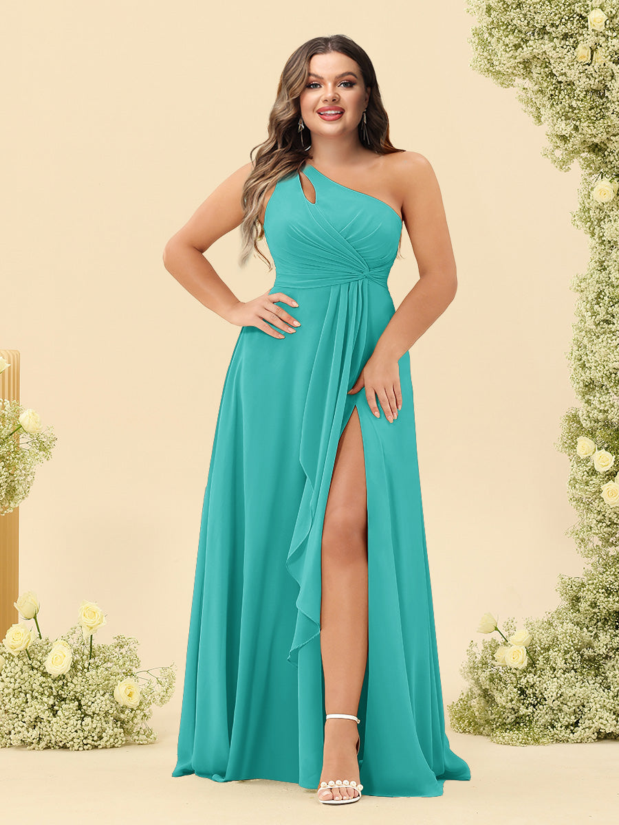 A-Line/Princess One-Shoulder Long Bridesmaid Plus Size Dresses with Split Side - 画像 (67)