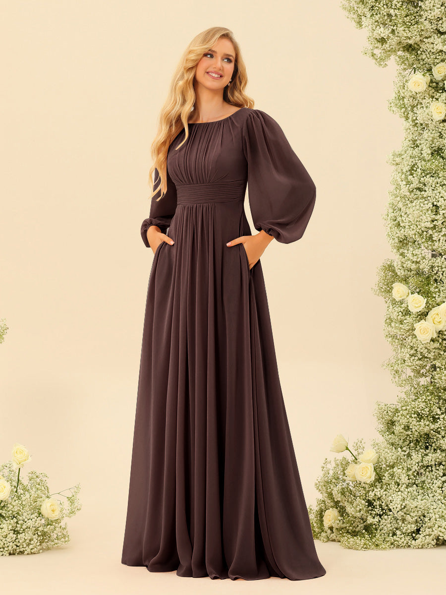 A-Line/Princess Floor-Length Long Sleeves Bridesmaid Dresses With Sash - 画像 (25)