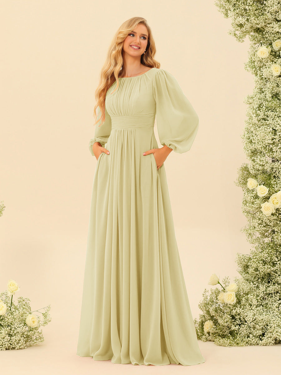 A-Line/Princess Floor-Length Long Sleeves Bridesmaid Dresses With Sash - 画像 (21)