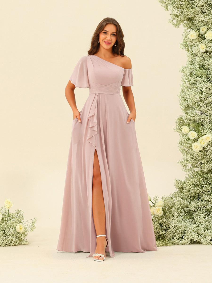A-Line/Princess One-Shoulder Floor-Length Split Side Bridesmaid Dresses - Image 9