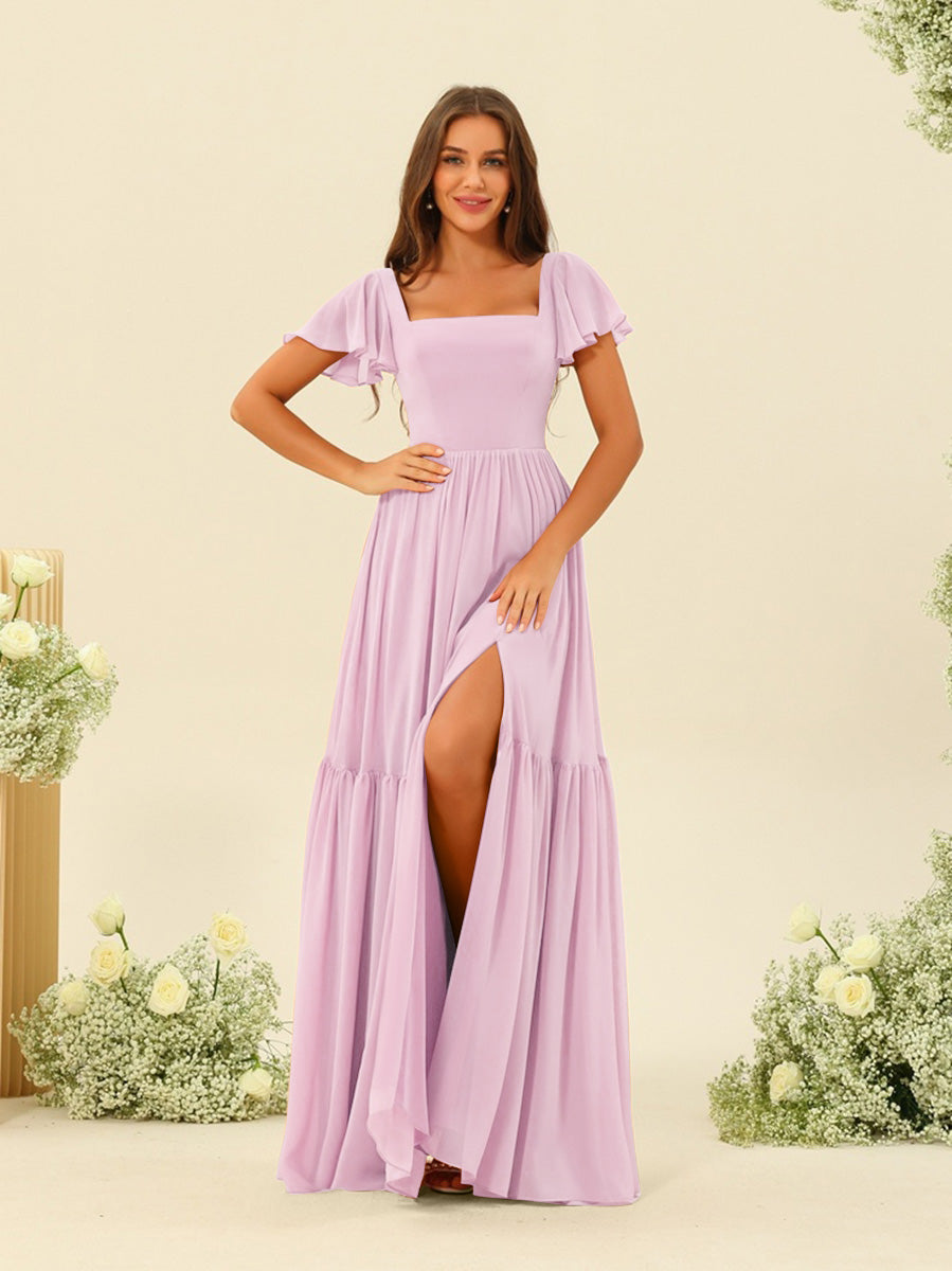 A-Line/Princess Ruffles Floor-Length Short Sleeves Bridesmaid Dresses - Image 58