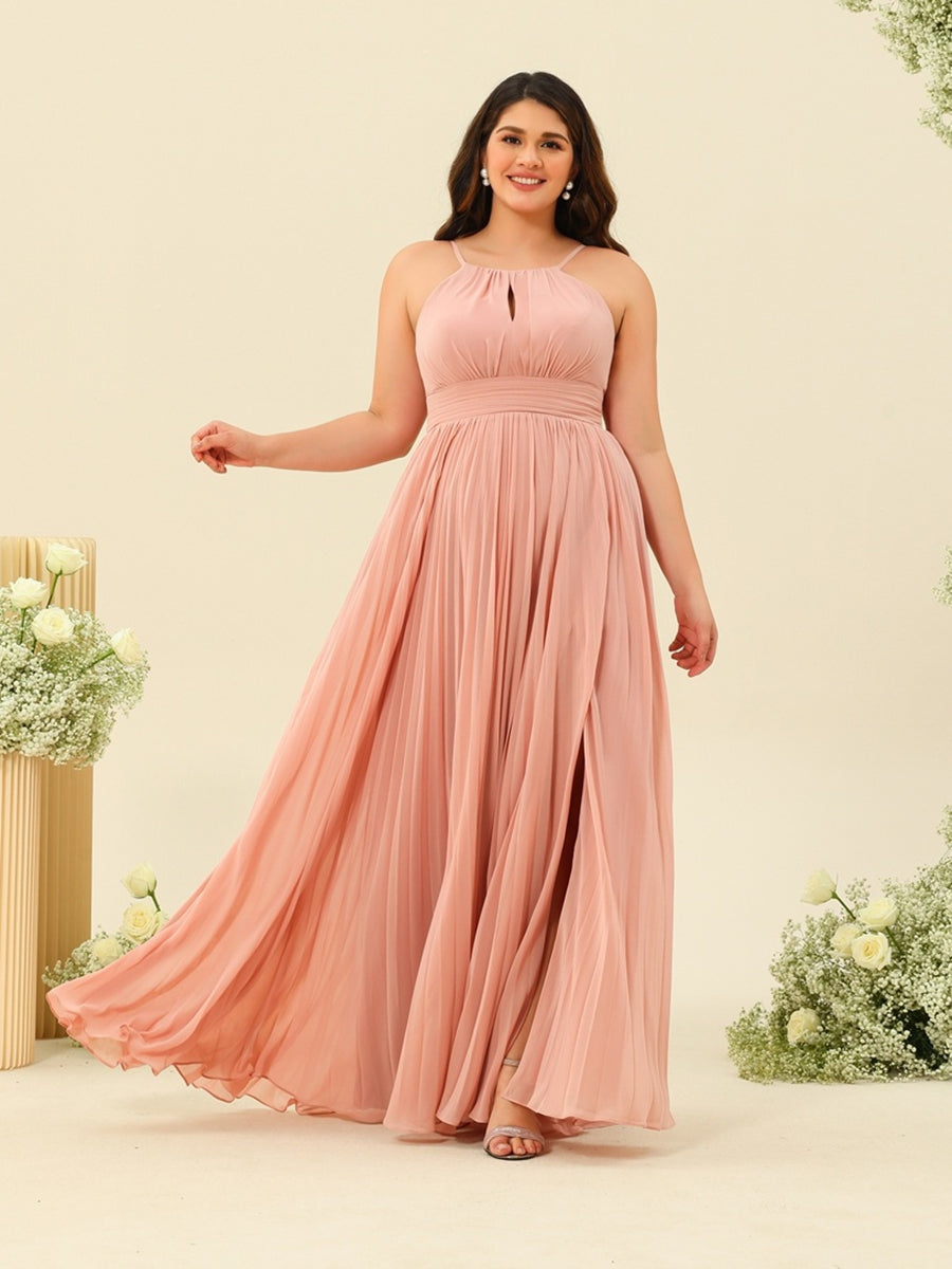 A-Line/Princess Halter Sleeveless Long Bridesmaid Dresses with Split Side & Ruffles - 画像 (5)
