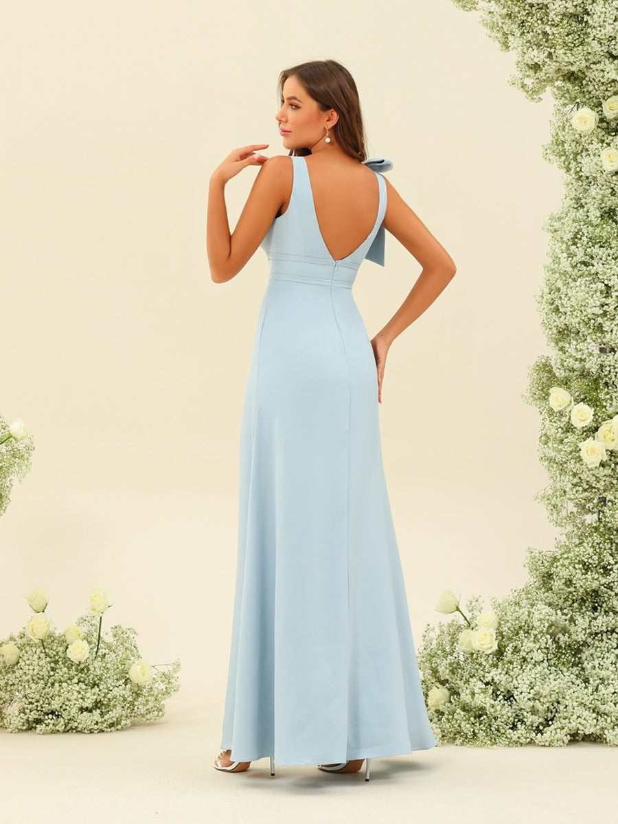 Sheath/Column V-Neck Sleeveless Floor-Length Long Bridesmaid Dresses with Bowknot - 이미지 2