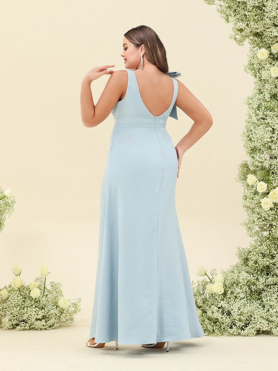 Sheath/Column V-Neck Sleeveless Floor-Length Long Plus Size Bridesmaid Dresses with Bowknot - 이미지 2