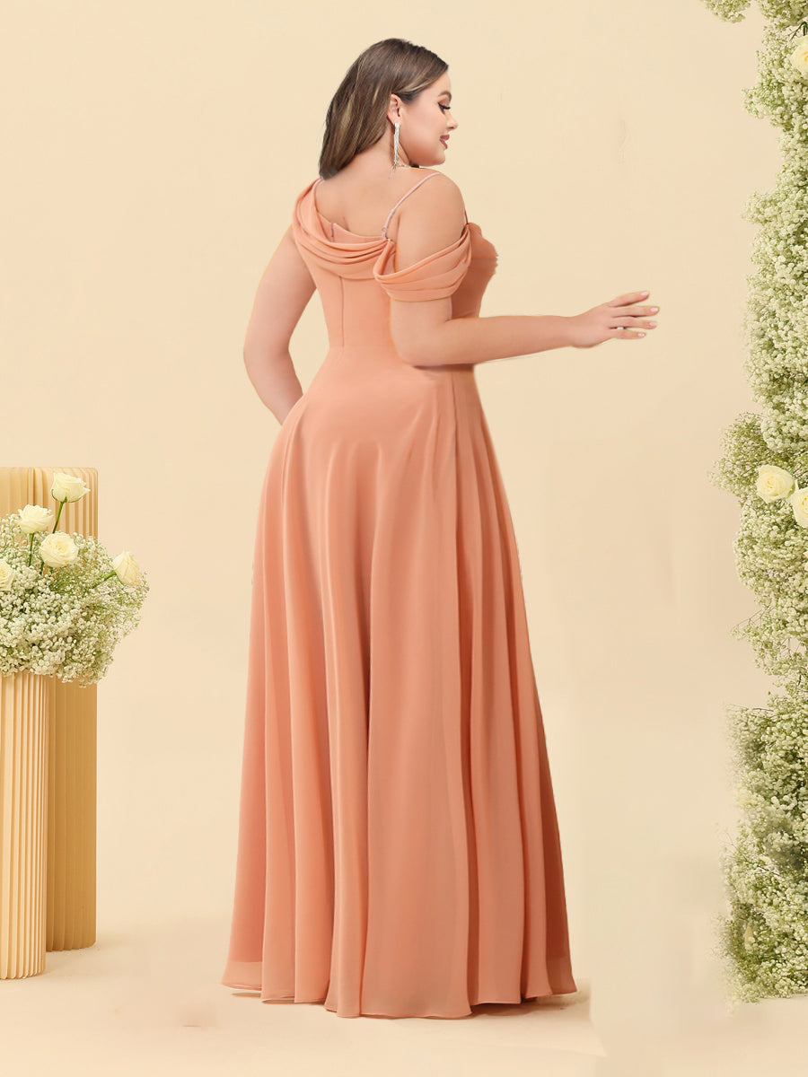 A-Line/Princess Cowl Neck Floor-Length Chiffon Long Plus Size Bridesmaid Dresses with Split Side - 画像 (2)