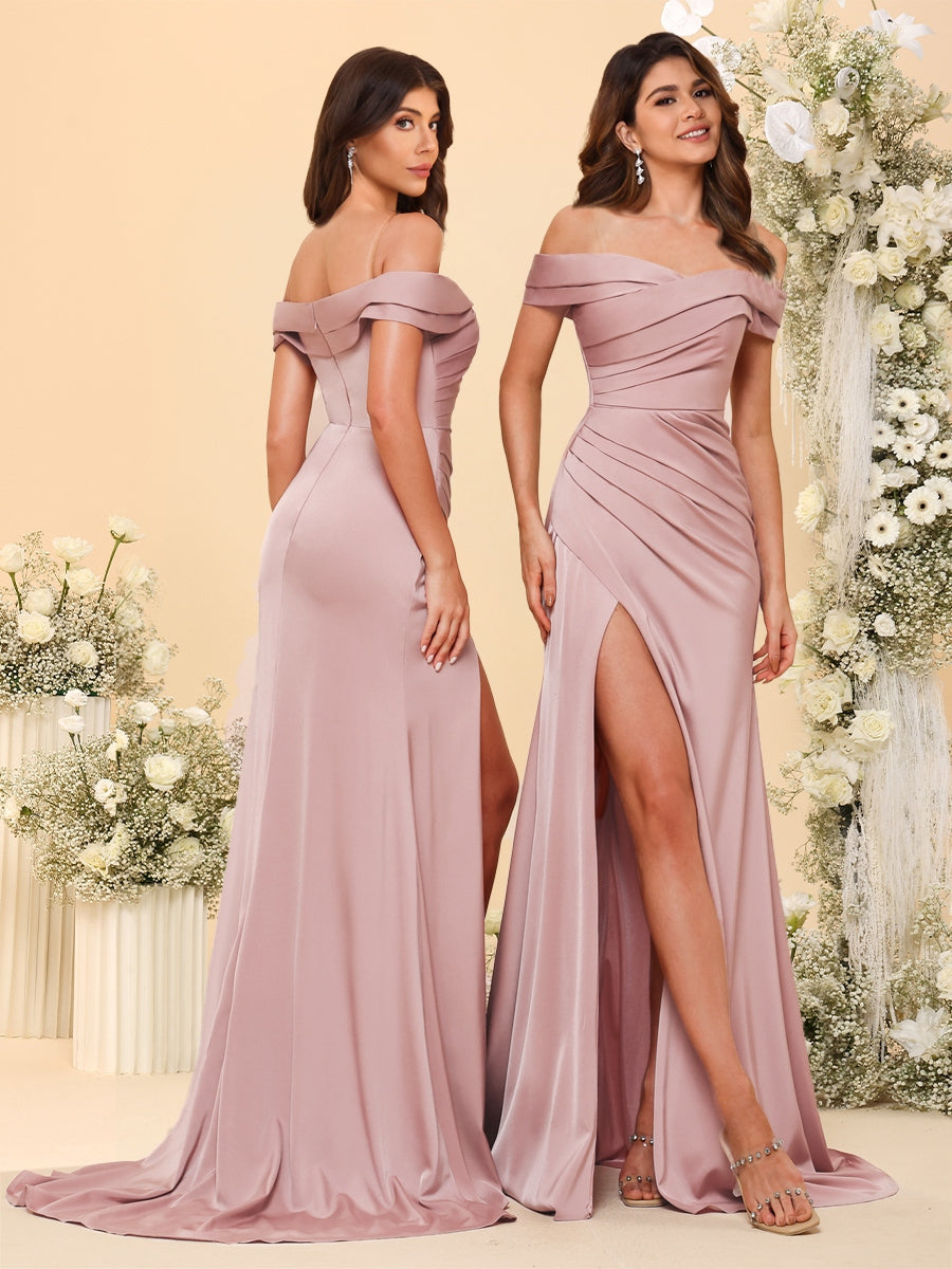 Sheath/Column Off-the-Shoulder Long Formal Dresses with Split Side & Ruched - 画像 (2)