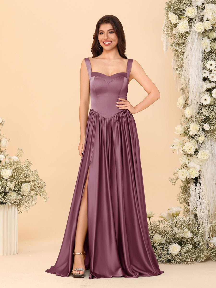 A-Line/Princess V-Neck Sleeveless Long Bridesmaid Dresses with Side Slit & Pleats - 이미지 48