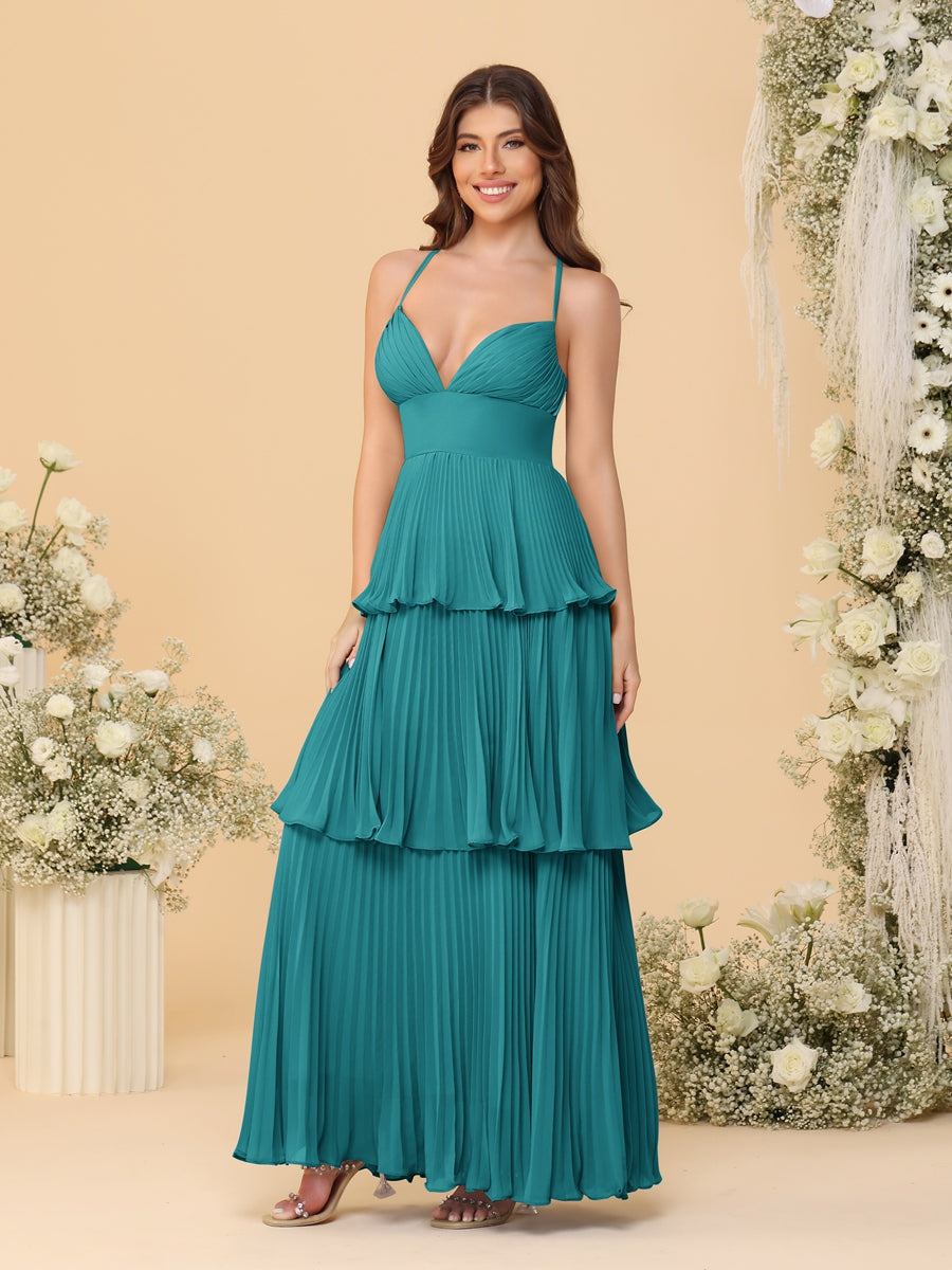 A-Line/Princess Spaghetti Straps Sleeveless Floor-Length Tiered Bridesmaid Dresses With Pleats - Image 9