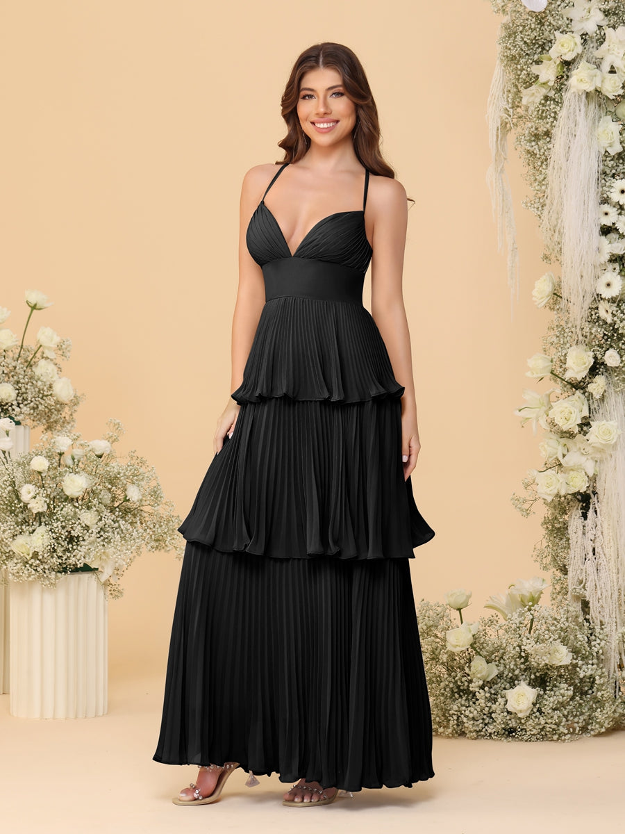 A-Line/Princess Spaghetti Straps Sleeveless Floor-Length Tiered Bridesmaid Dresses With Pleats - Image 20