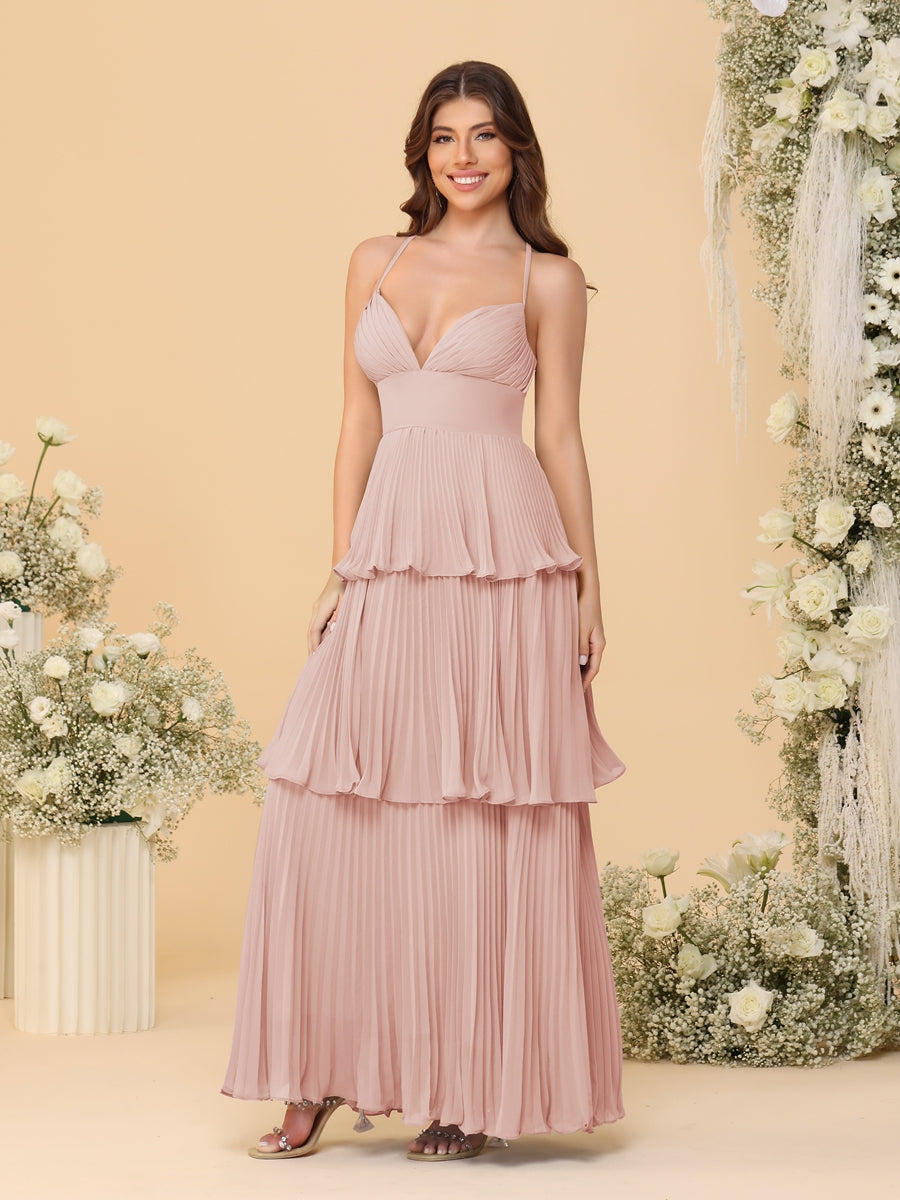 A-Line/Princess Spaghetti Straps Sleeveless Floor-Length Tiered Bridesmaid Dresses With Pleats - Image 21