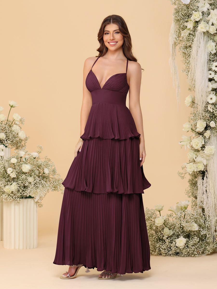 A-Line/Princess Spaghetti Straps Sleeveless Floor-Length Tiered Bridesmaid Dresses With Pleats - Image 23