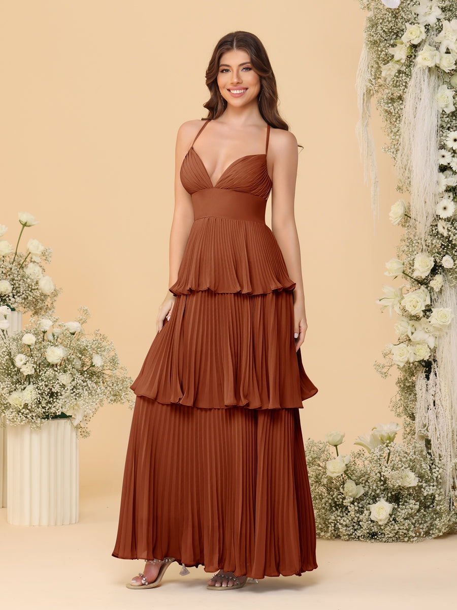 A-Line/Princess Spaghetti Straps Sleeveless Floor-Length Tiered Bridesmaid Dresses With Pleats - Image 10