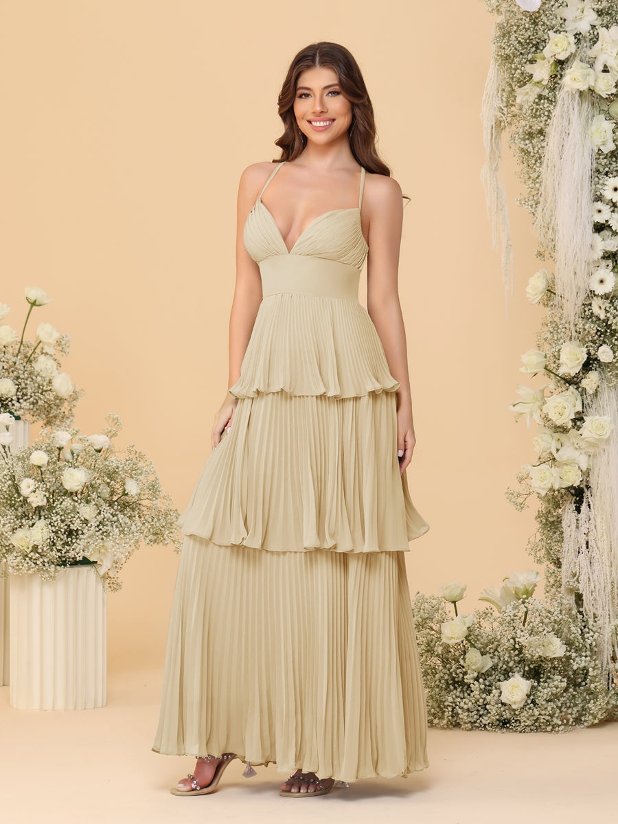 A-Line/Princess Spaghetti Straps Sleeveless Floor-Length Tiered Bridesmaid Dresses With Pleats - Image 25