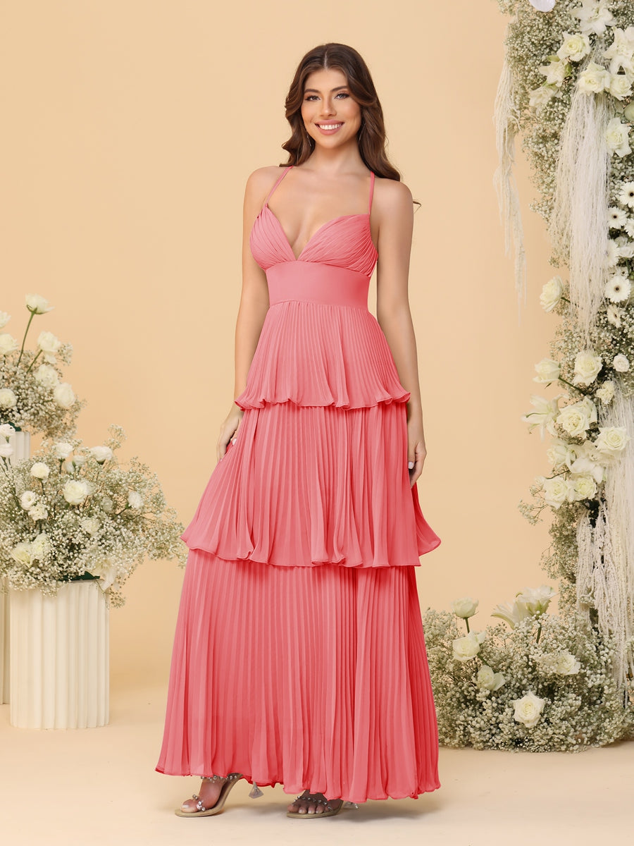 A-Line/Princess Spaghetti Straps Sleeveless Floor-Length Tiered Bridesmaid Dresses With Pleats - Image 11