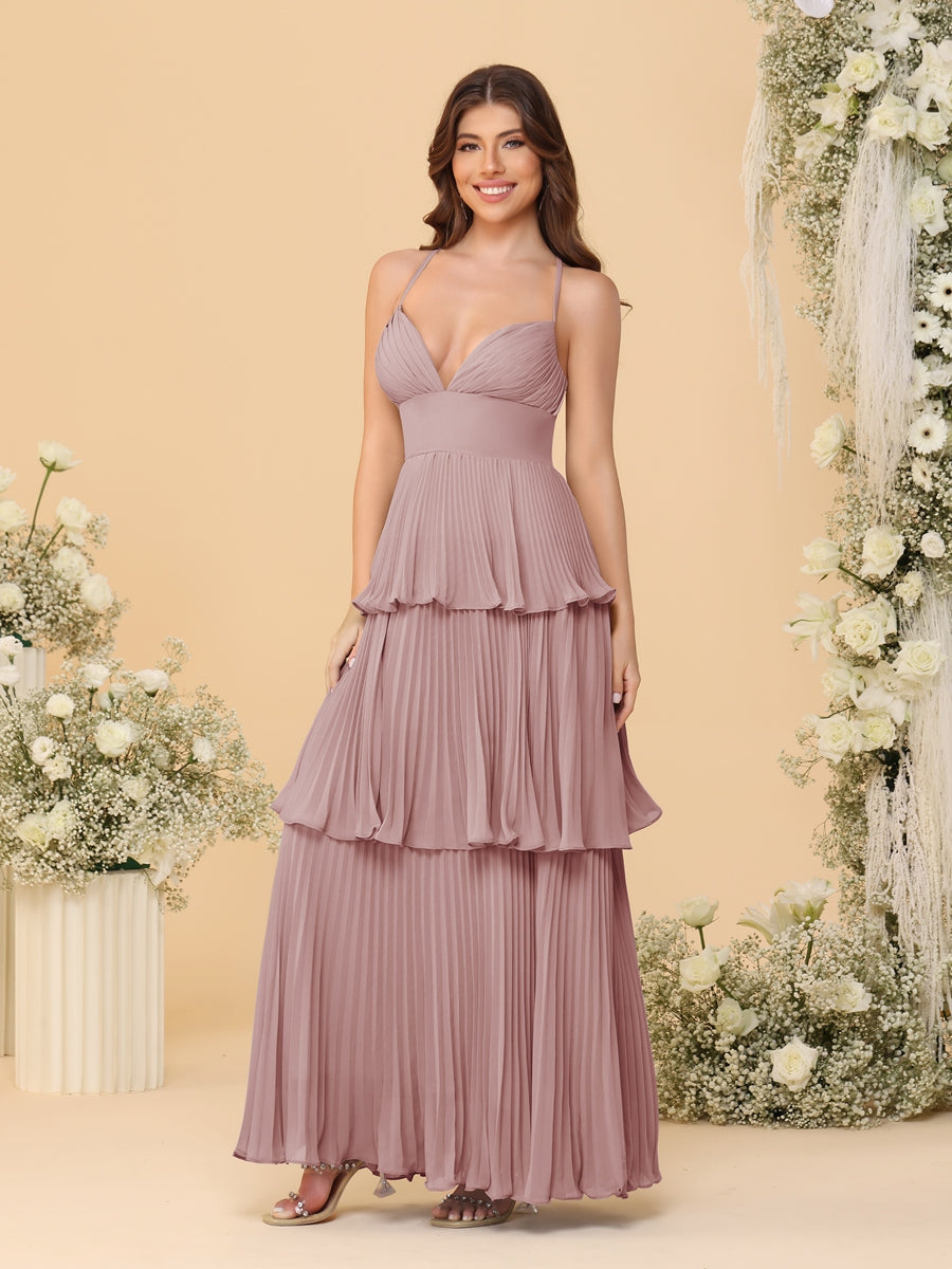 A-Line/Princess Spaghetti Straps Sleeveless Floor-Length Tiered Bridesmaid Dresses With Pleats - Image 14