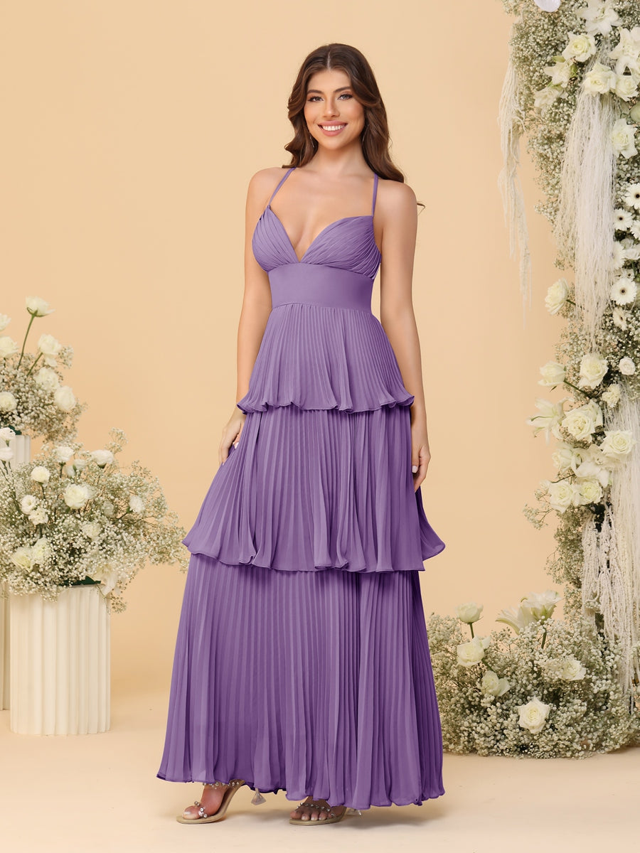 A-Line/Princess Spaghetti Straps Sleeveless Floor-Length Tiered Bridesmaid Dresses With Pleats - Image 15