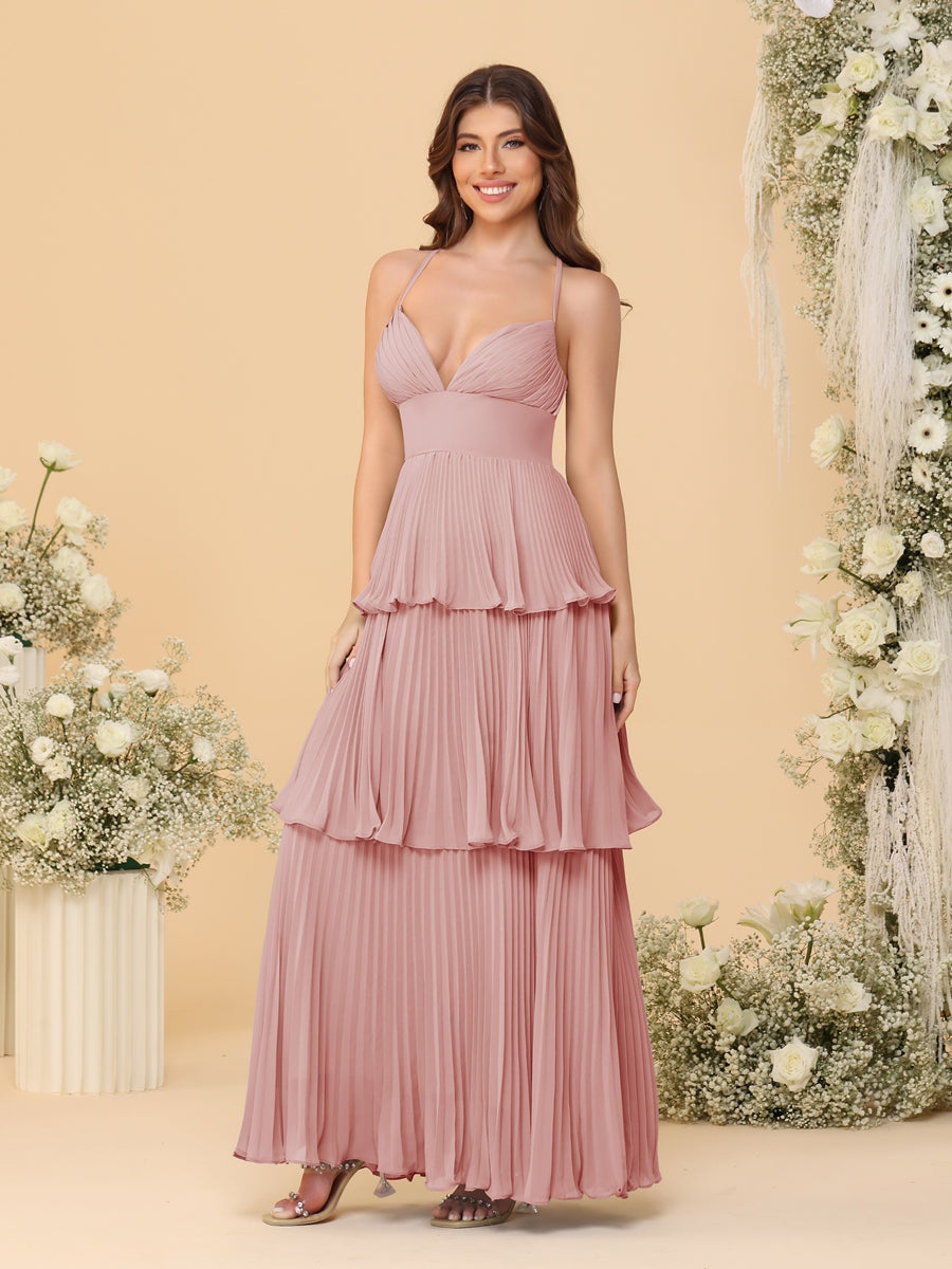 A-Line/Princess Spaghetti Straps Sleeveless Floor-Length Tiered Bridesmaid Dresses With Pleats - Image 16