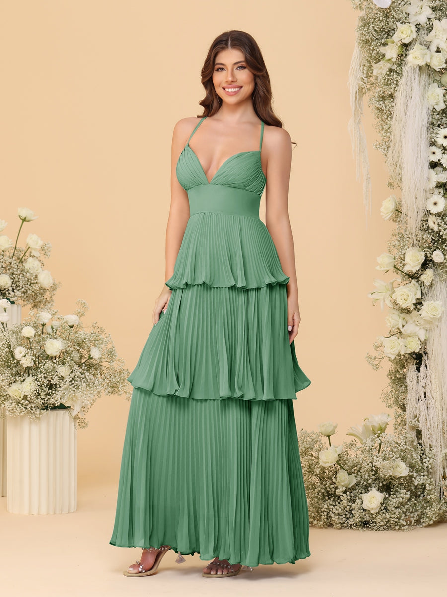 A-Line/Princess Spaghetti Straps Sleeveless Floor-Length Tiered Bridesmaid Dresses With Pleats - Image 19