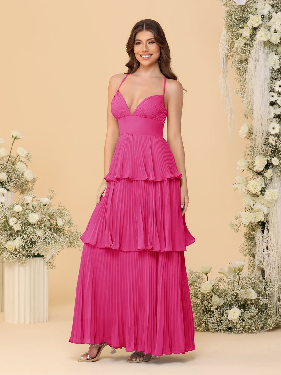 A-Line/Princess Spaghetti Straps Sleeveless Floor-Length Tiered Bridesmaid Dresses With Pleats - Image 31