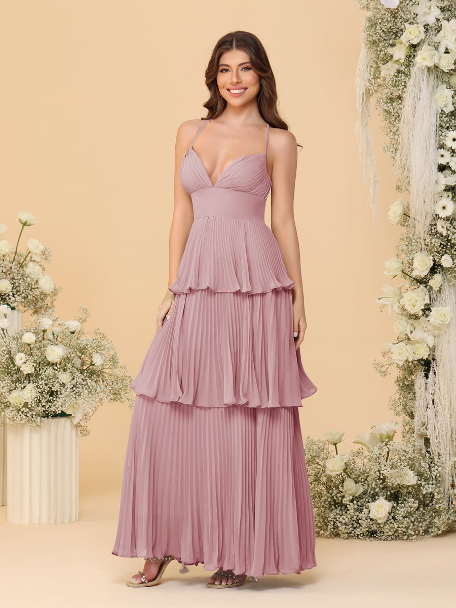 A-Line/Princess Spaghetti Straps Sleeveless Floor-Length Tiered Bridesmaid Dresses With Pleats - Image 37