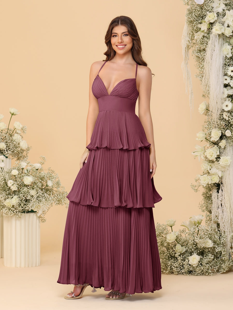A-Line/Princess Spaghetti Straps Sleeveless Floor-Length Tiered Bridesmaid Dresses With Pleats - Image 38