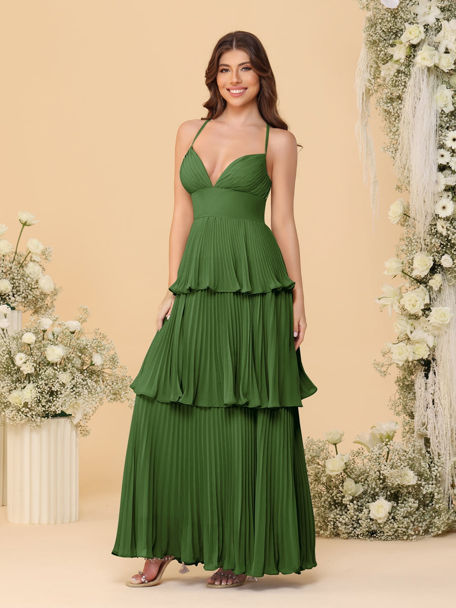 A-Line/Princess Spaghetti Straps Sleeveless Floor-Length Tiered Bridesmaid Dresses With Pleats - Image 50