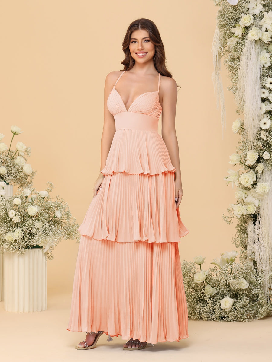 A-Line/Princess Spaghetti Straps Sleeveless Floor-Length Tiered Bridesmaid Dresses With Pleats - Image 53