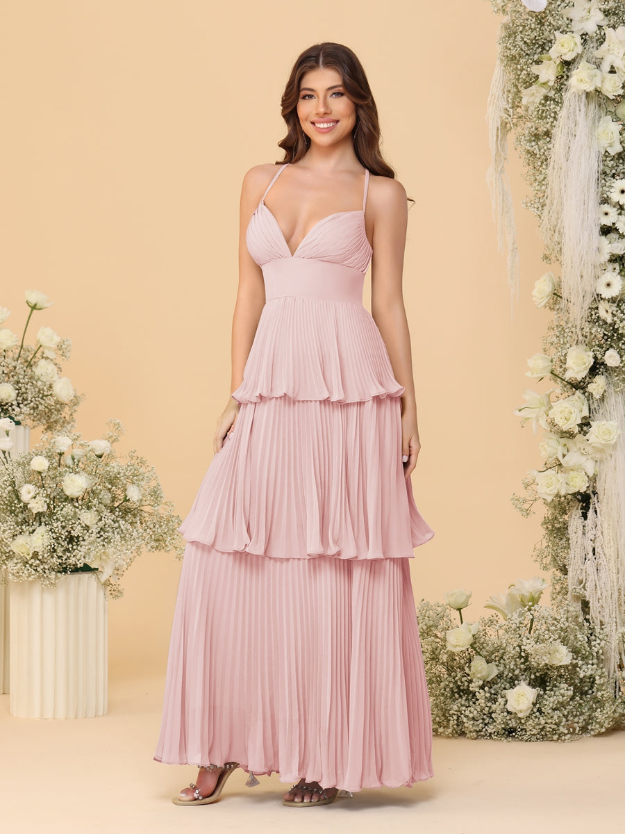 A-Line/Princess Spaghetti Straps Sleeveless Floor-Length Tiered Bridesmaid Dresses With Pleats - Image 67