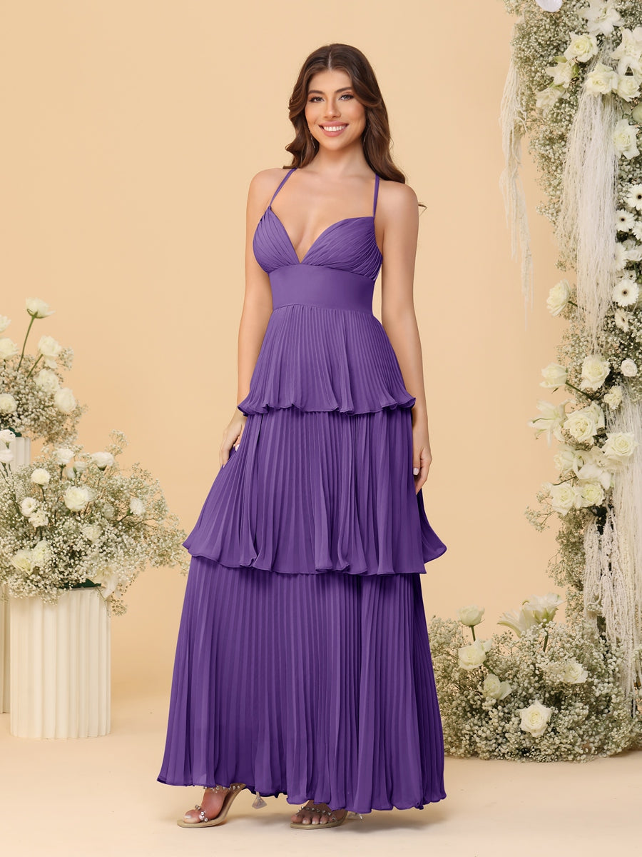 A-Line/Princess Spaghetti Straps Sleeveless Floor-Length Tiered Bridesmaid Dresses With Pleats - Image 55