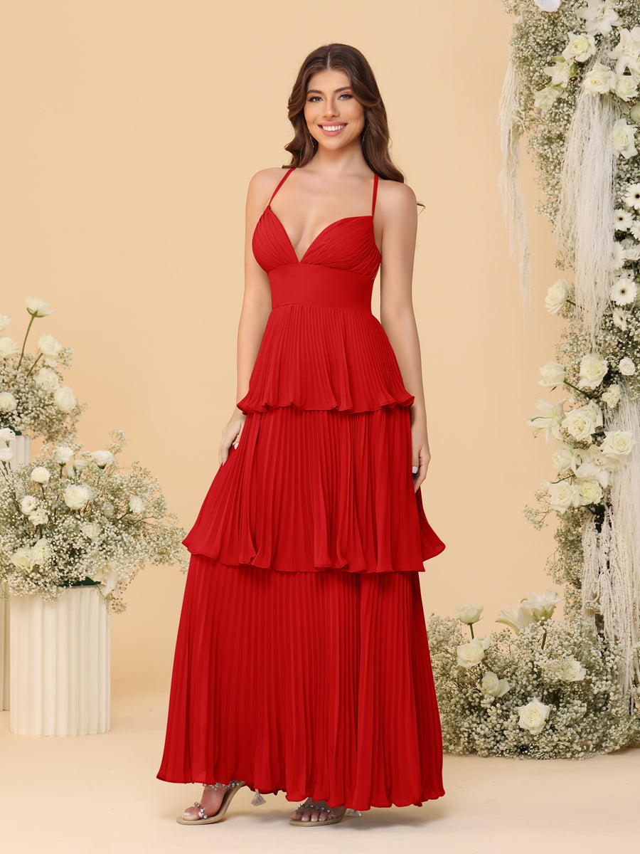 A-Line/Princess Spaghetti Straps Sleeveless Floor-Length Tiered Bridesmaid Dresses With Pleats - Image 70