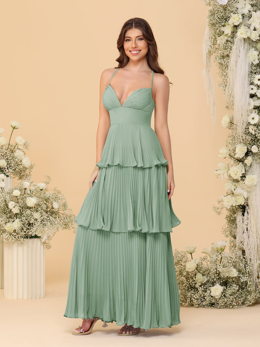 A-Line/Princess Spaghetti Straps Sleeveless Floor-Length Tiered Bridesmaid Dresses With Pleats - Image 72