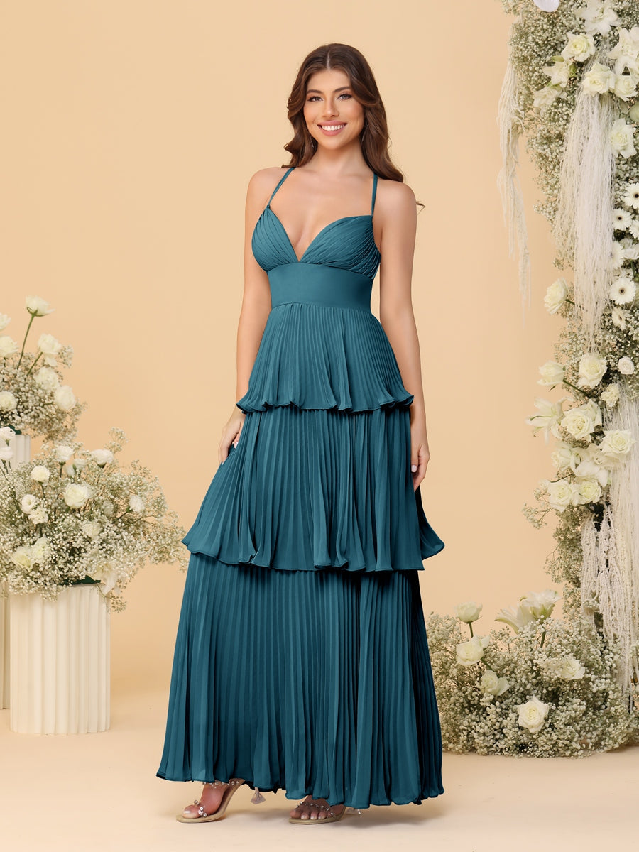 A-Line/Princess Spaghetti Straps Sleeveless Floor-Length Tiered Bridesmaid Dresses With Pleats - Image 63