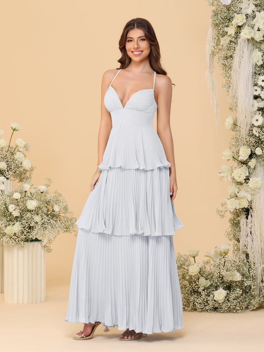 A-Line/Princess Spaghetti Straps Sleeveless Floor-Length Tiered Bridesmaid Dresses With Pleats - Image 75