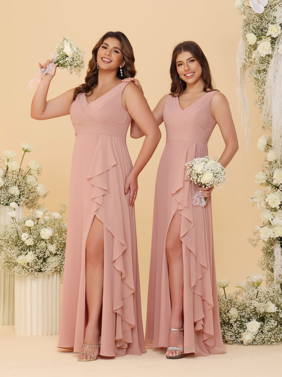 A-Line/Princess V-Neck Sleeveless Ruched Long Chiffon Bridesmaid Dresses With Side Slit & Ruffles - Image 3