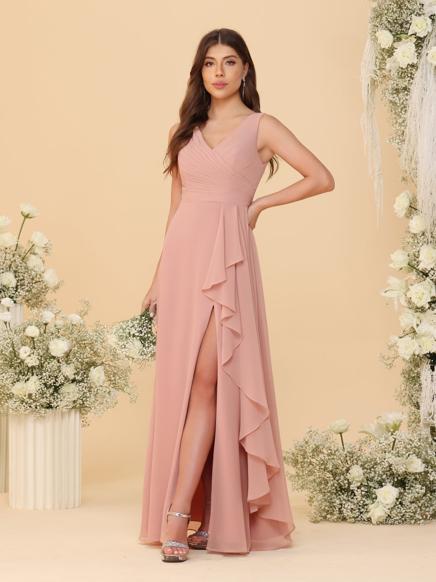 A-Line/Princess V-Neck Sleeveless Ruched Long Chiffon Bridesmaid Dresses With Side Slit & Ruffles - Image 4