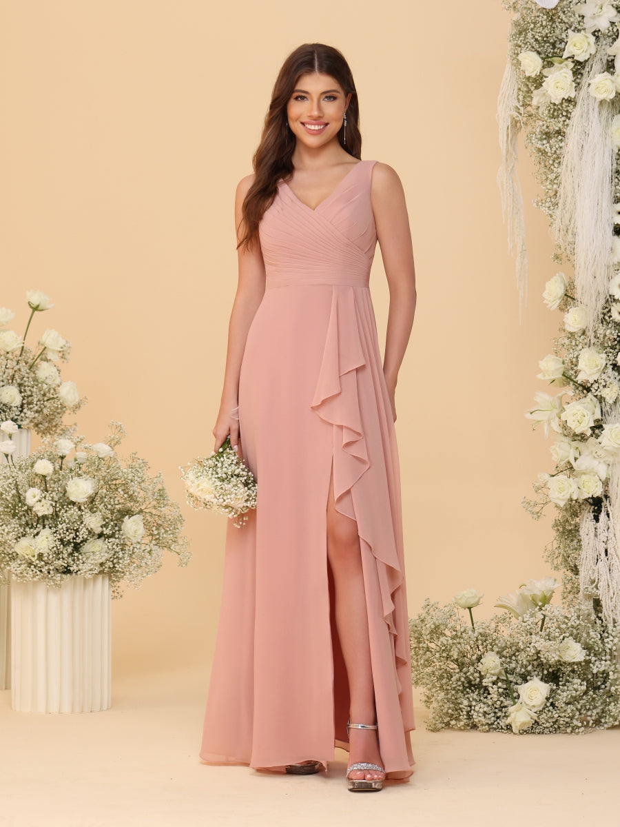 A-Line/Princess V-Neck Sleeveless Ruched Long Chiffon Bridesmaid Dresses With Side Slit & Ruffles - Image 5