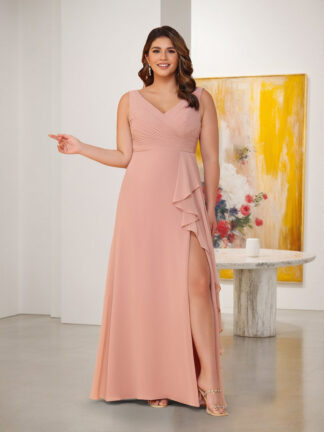 A-Line/Princess V-Neck Sleeveless Ruched Chiffon Plus Size Bridesmaid Dresses With Side Slit & Ruffles
