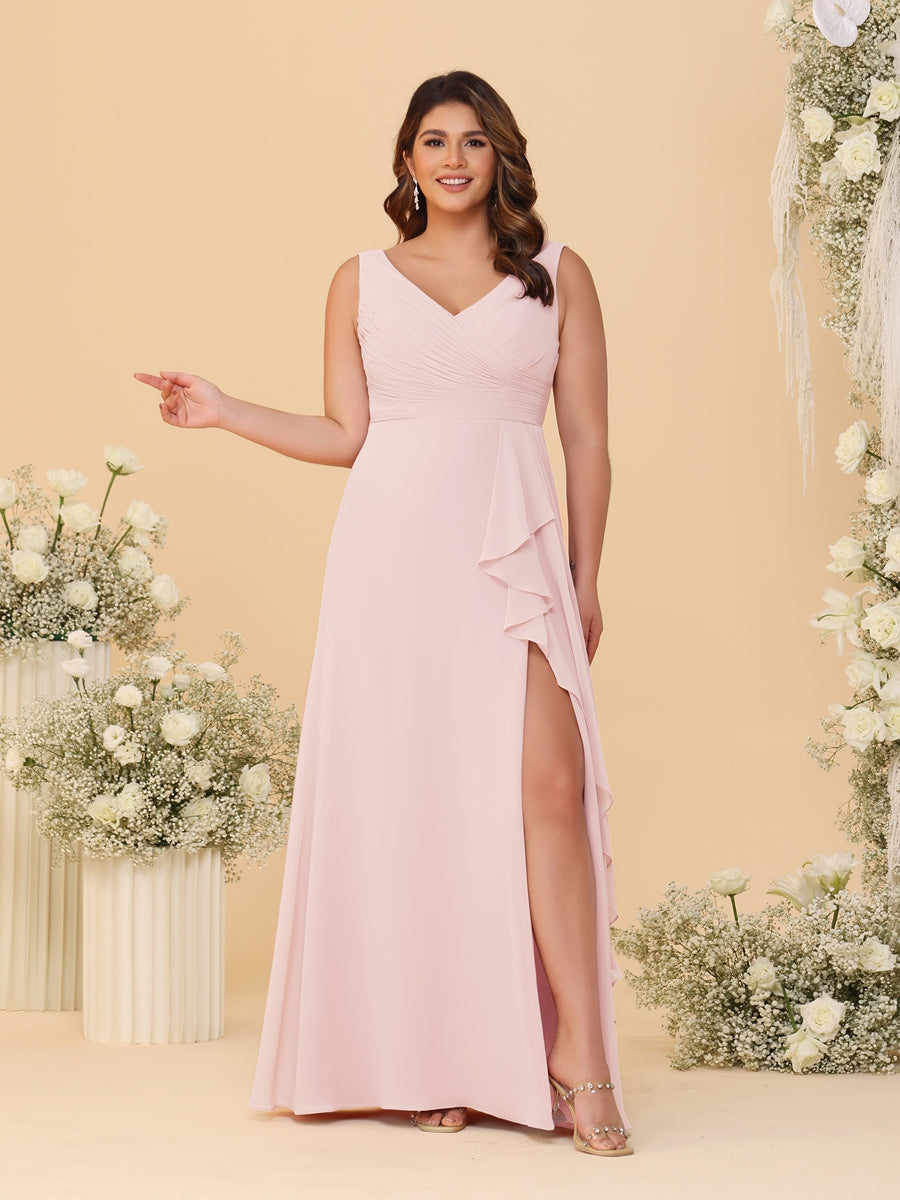 A-Line/Princess V-Neck Sleeveless Ruched Chiffon Plus Size Bridesmaid Dresses With Side Slit & Ruffles - 画像 (17)