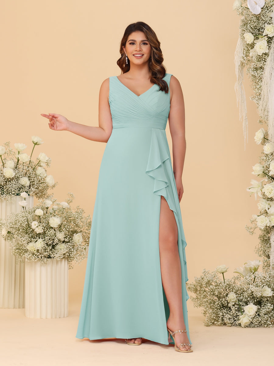 A-Line/Princess V-Neck Sleeveless Ruched Chiffon Plus Size Bridesmaid Dresses With Side Slit & Ruffles - 画像 (59)