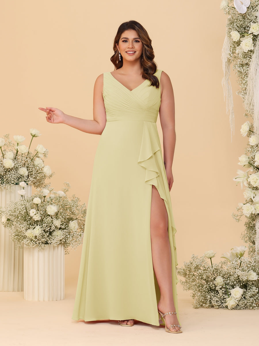 A-Line/Princess V-Neck Sleeveless Ruched Chiffon Plus Size Bridesmaid Dresses With Side Slit & Ruffles - 画像 (23)
