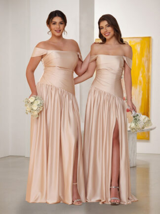 A-Line/Princess Off-the-Shoulder  Ruched Long Bridesmaid Dresses With Side Slit & Pleats