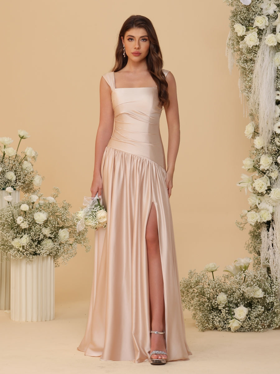 A-Line/Princess Off-the-Shoulder  Ruched Long Bridesmaid Dresses With Side Slit & Pleats - 이미지 3