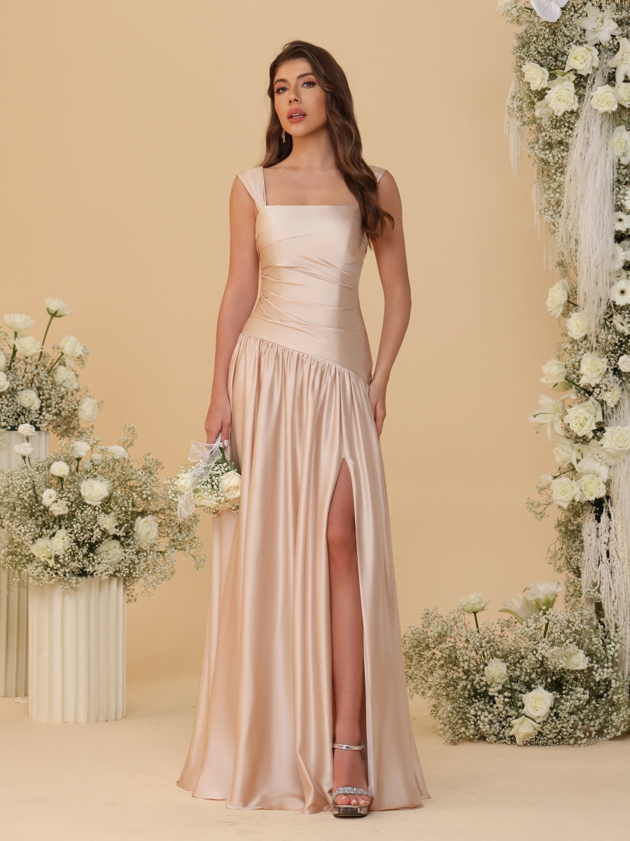 A-Line/Princess Off-the-Shoulder  Ruched Long Bridesmaid Dresses With Side Slit & Pleats - 이미지 4