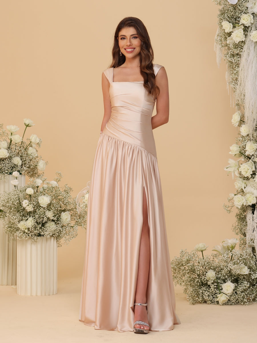 A-Line/Princess Off-the-Shoulder  Ruched Long Bridesmaid Dresses With Side Slit & Pleats - 이미지 5