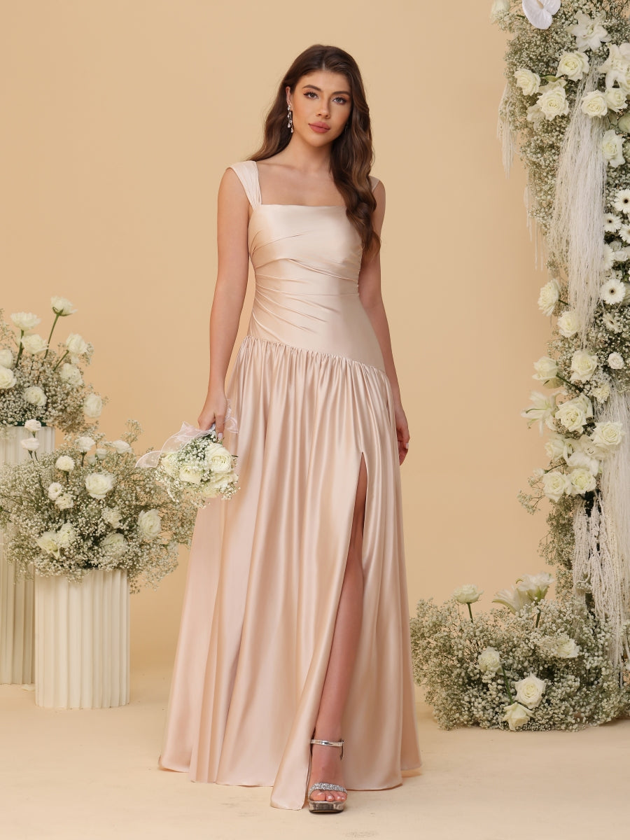 A-Line/Princess Off-the-Shoulder  Ruched Long Bridesmaid Dresses With Side Slit & Pleats - 이미지 7